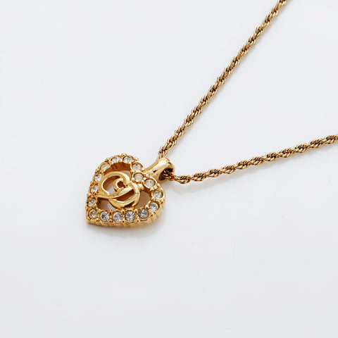 基督教Dior CD徽标Rhinestone Heart Vintage项链Gold WS9151