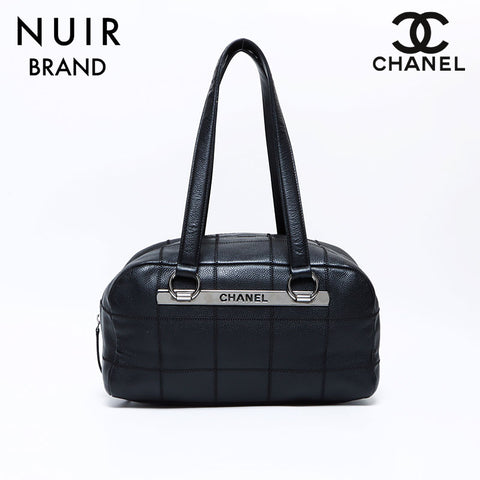 シャネル CHANEL 10番台 チョコバー ボストン　キャビアスキン ショルダーバッグ ブラック WS9208