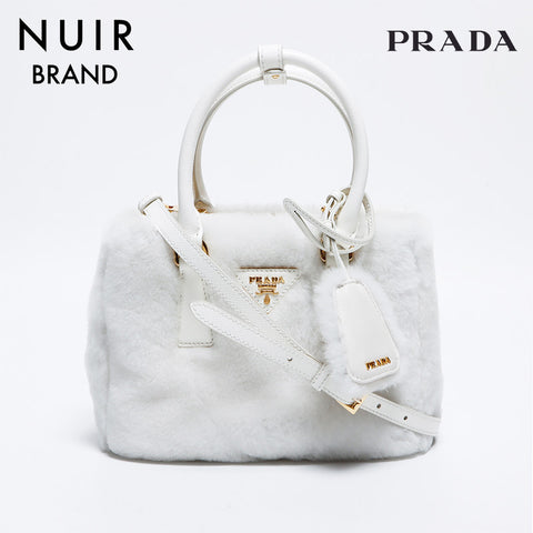 プラダ PRADA ファー 三角ロゴタグ ハンドバッグ ホワイト WS9259