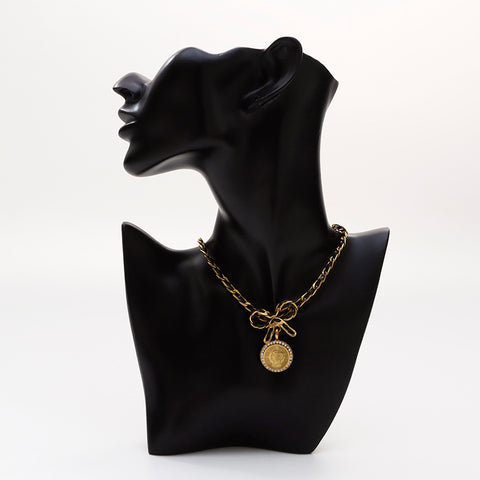 CHANEL 95P Coin Chain Leather Ribbon Rhinestone Necklace gold WS9393