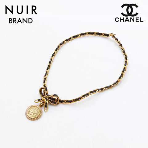 CHANEL 95P Coin Chain Leather Ribbon Rhinestone Necklace gold WS9393