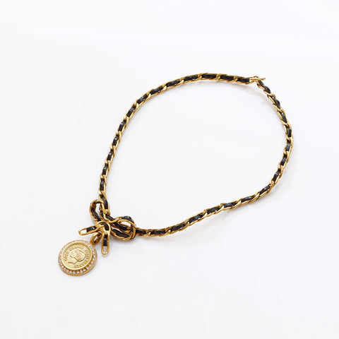 CHANEL 95P Coin Chain Leather Ribbon Rhinestone Necklace gold WS9393