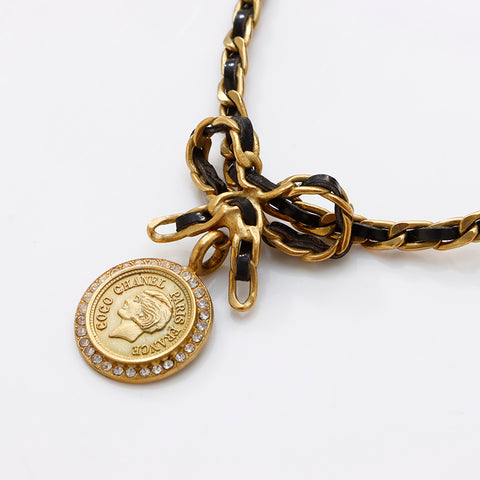 CHANEL 95P Coin Chain Leather Ribbon Rhinestone Necklace gold WS9393