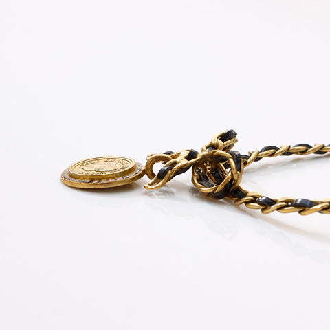 CHANEL 95P Coin Chain Leather Ribbon Rhinestone Necklace gold WS9393