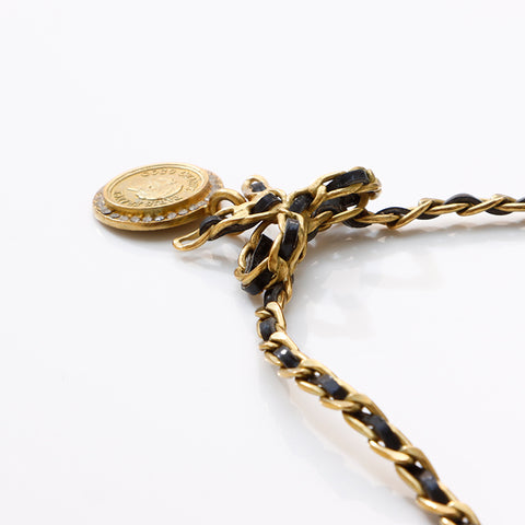CHANEL 95P Coin Chain Leather Ribbon Rhinestone Necklace gold WS9393