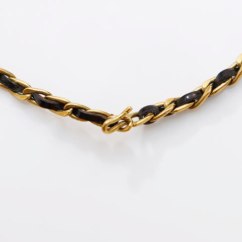 CHANEL 95P Coin Chain Leather Ribbon Rhinestone Necklace gold WS9393