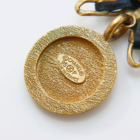 CHANEL 95P Coin Chain Leather Ribbon Rhinestone Necklace gold WS9393