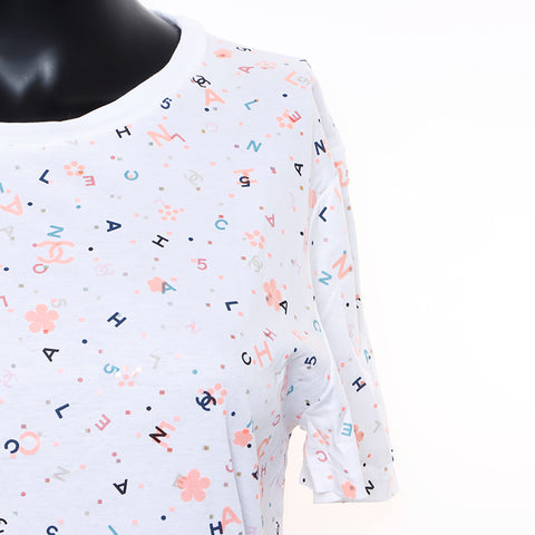 Chanel CHANEL logo all-over pattern cut and sew short sleeve T-shirt white WS9403