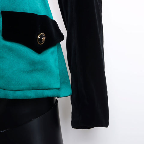 Chanel Size:40 Velour Satin Black Clover Button Tailored Jacket Green WS9435