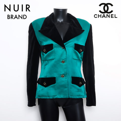 Chanel Size:40 Velour Satin Black Clover Button Tailored Jacket Green WS9435