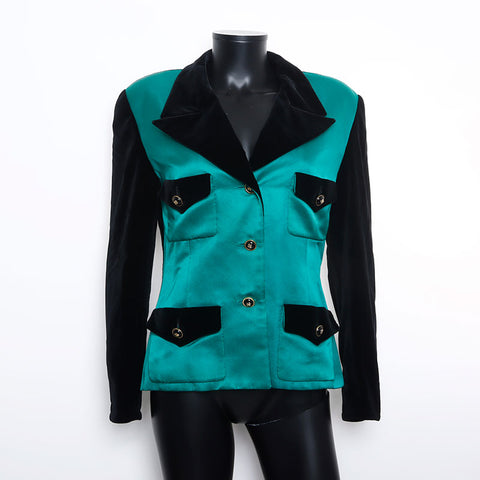 Chanel Size:40 Velour Satin Black Clover Button Tailored Jacket Green WS9435
