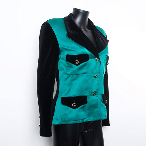 Chanel Size:40 Velour Satin Black Clover Button Tailored Jacket Green WS9435