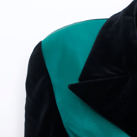 Chanel Size:40 Velour Satin Black Clover Button Tailored Jacket Green WS9435