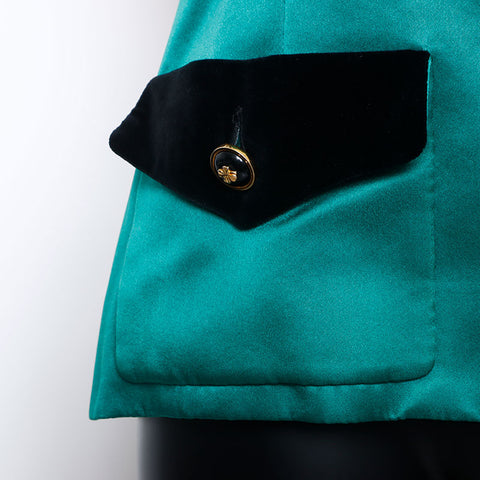 Chanel Size:40 Velour Satin Black Clover Button Tailored Jacket Green WS9435