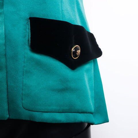 Chanel Size:40 Velour Satin Black Clover Button Tailored Jacket Green WS9435