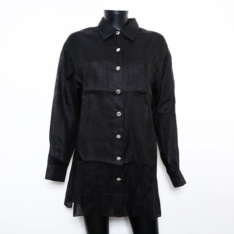 CHANEL Size 40 COCO Mark Button Silver Linen one piece black WS9621