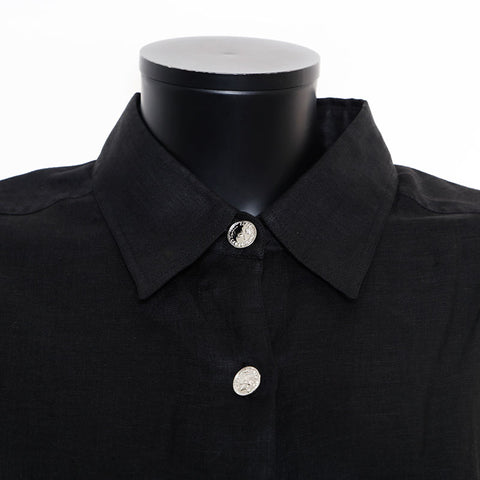 CHANEL Size 40 COCO Mark Button Silver Linen one piece black WS9621