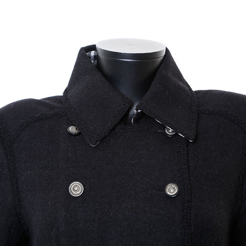 Chanel Size 40 Wool Silk Coco Button Double Coat Black WS9652