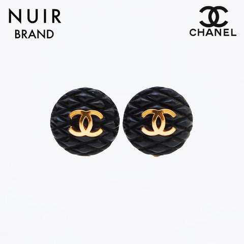 CHANEL Matelasse COCO Mark Round Type 93A Earring Black gold WS9667