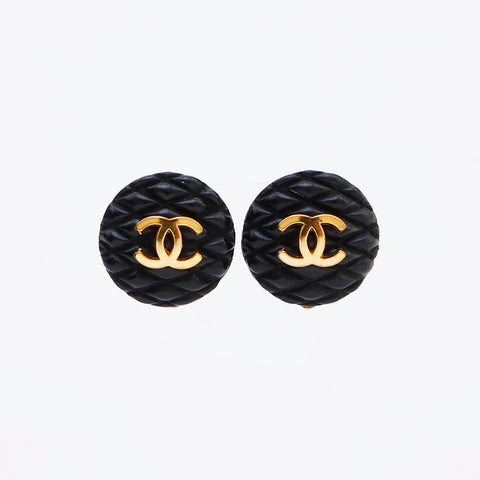 CHANEL Matelasse COCO Mark Round Type 93A Earring Black gold WS9667