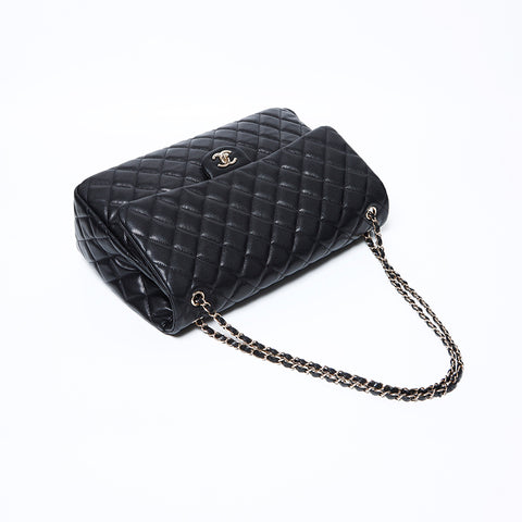 CHANEL Caviar Skin Big Mato Rasse 40 Double Chain 24c Shoulder Bag black WS9681