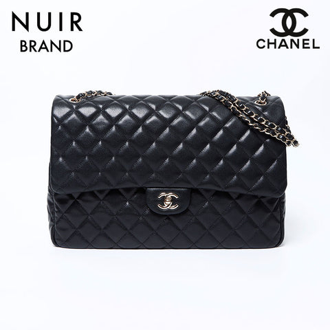 CHANEL Caviar Skin Big Mato Rasse 40 Double Chain 24c Shoulder Bag black WS9681
