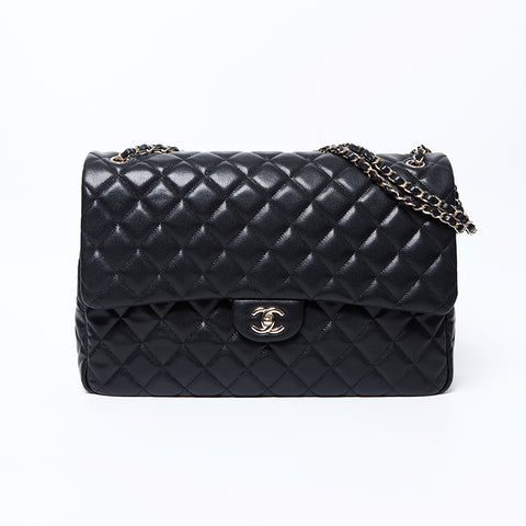 CHANEL Caviar Skin Big Mato Rasse 40 Double Chain 24c Shoulder Bag black WS9681