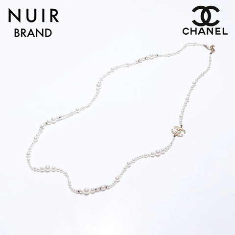 CHANEL A19V Pearl COCO Mark Necklace Gold white WS9685