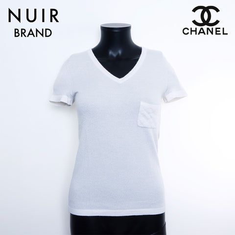 Chanel Size 34 06A Cashmere V-neck Short Sleeve Shirt Ivory WS9778
