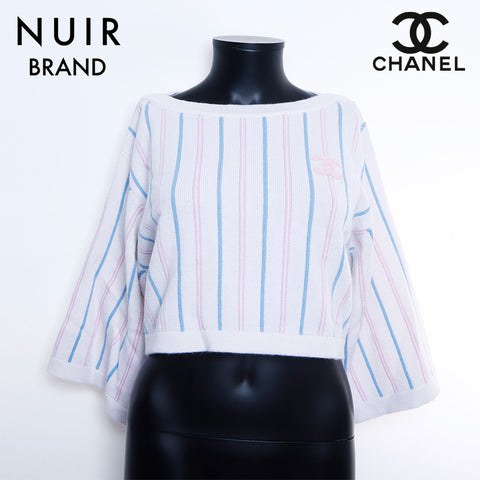 シャネル CHANEL Size34 ココマーク ボーダー カシミヤ ニット ホワイト WS9784