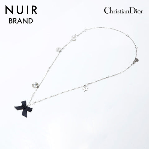 クリスチャンディオール Christian Dior ビンテージ パール ビーズ リボン ネックレス シルバー WS9865