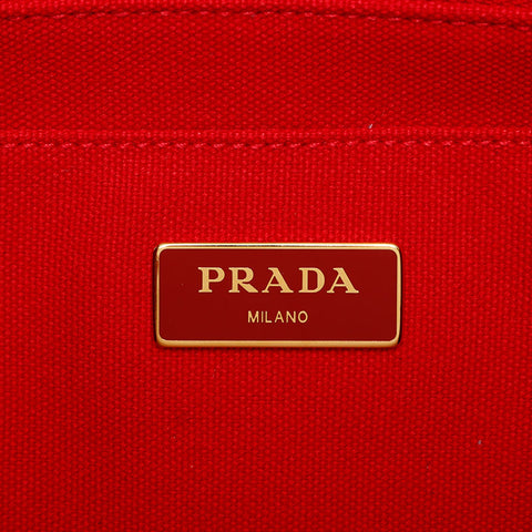 プラダ PRADA ボーダー カナパ 三角ロゴタグ キャンバス 2way ハンドバッグ レッド WS9873