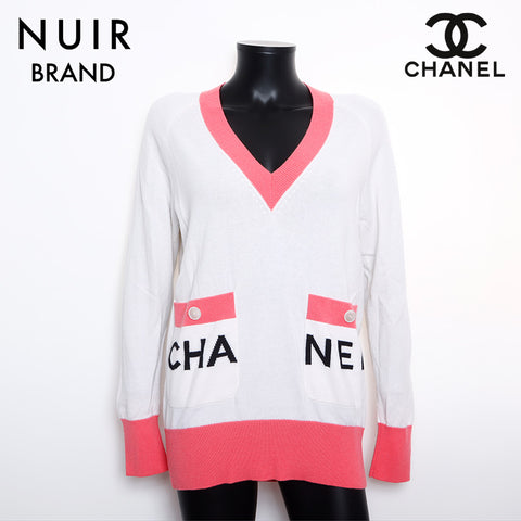 シャネル CHANEL Size:34 ロゴ ポケット Vネック カシミア ニット ホワイト ピンク WS9878