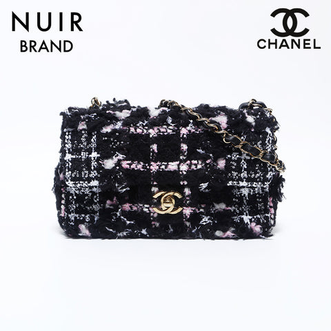 シャネル CHANEL ツイード 20cm ミニマトラッセ チェーン プレート フラップ ショルダーバッグ ブラック WS9889