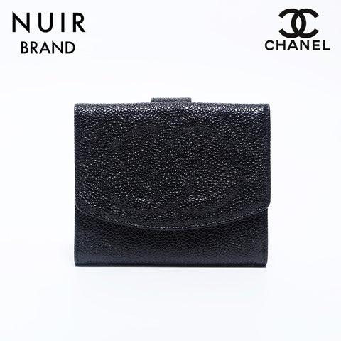 シャネル CHANEL 5番台 ココマーク コンパクト キャビアスキン 二つ折り財布 ブラック WS9894