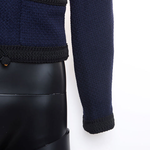 Chanel No collar Blameed trim CC mark Temari button jacket Navy WS9903