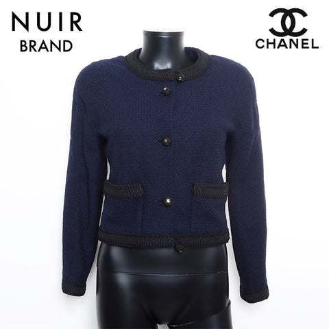 Chanel No collar Blameed trim CC mark Temari button jacket Navy WS9903