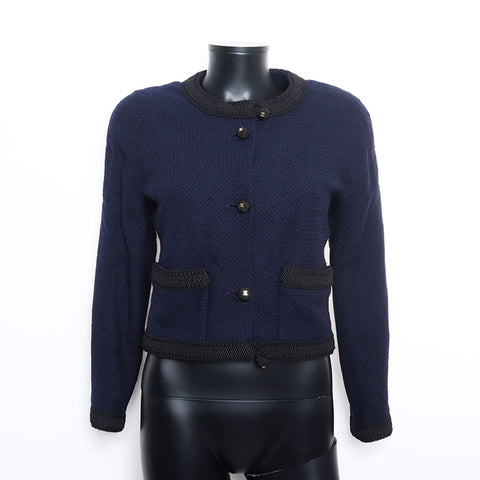 Chanel No collar Blameed trim CC mark Temari button jacket Navy WS9903
