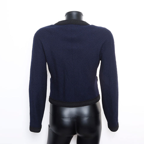 Chanel No collar Blameed trim CC mark Temari button jacket Navy WS9903