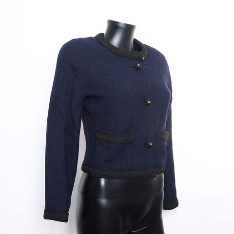 Chanel No collar Blameed trim CC mark Temari button jacket Navy WS9903