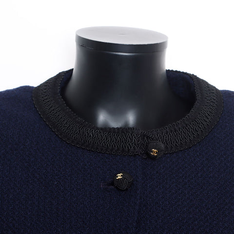 Chanel No collar Blameed trim CC mark Temari button jacket Navy WS9903