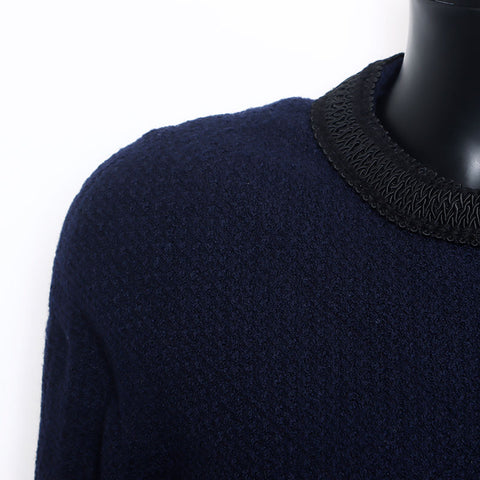 Chanel No collar Blameed trim CC mark Temari button jacket Navy WS9903