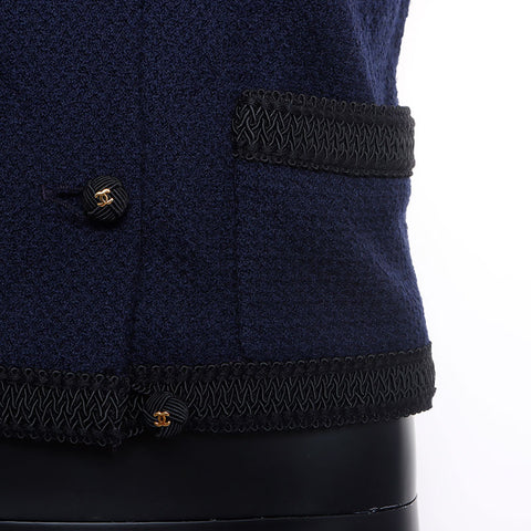 Chanel No collar Blameed trim CC mark Temari button jacket Navy WS9903