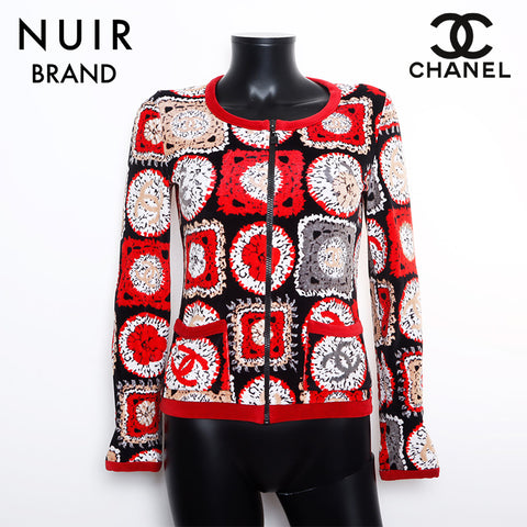 Chanel CHANEL Size:38 09P Velour All-over Pattern Zip-up Coco Mark Cardigan Red WS9905