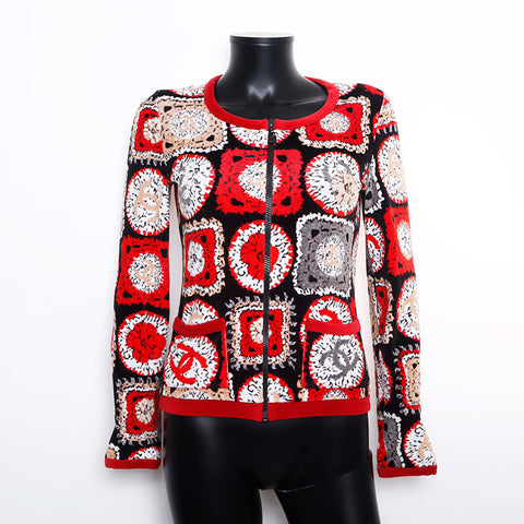 Chanel CHANEL Size:38 09P Velour All-over Pattern Zip-up Coco Mark Cardigan Red WS9905