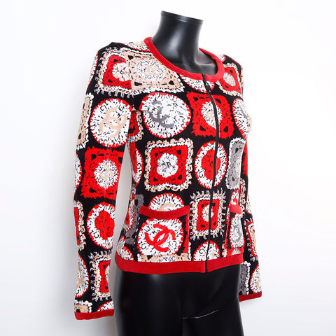 Chanel CHANEL Size:38 09P Velour All-over Pattern Zip-up Coco Mark Cardigan Red WS9905