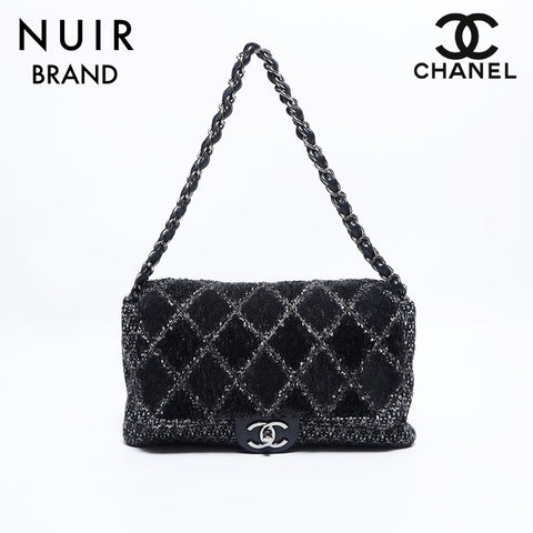 シャネル CHANEL 14番台 ウール スパンコール 30cm ニット フラップ チェーン ショルダーバッグ ブラック WS9908