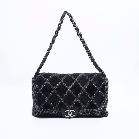 シャネル CHANEL 14番台 ウール スパンコール 30cm ニット フラップ チェーン ショルダーバッグ ブラック WS9908