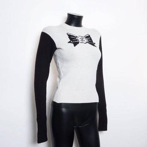 Chanel Coco Mark Ribbon Cashmere Bicolor 95 Knit White Black WS9918