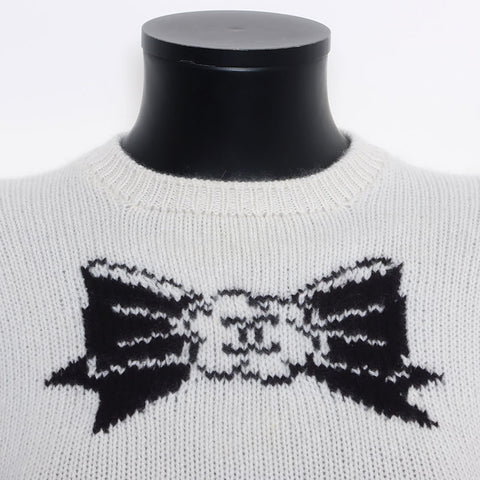 Chanel Coco Mark Ribbon Cashmere Bicolor 95 Knit White Black WS9918